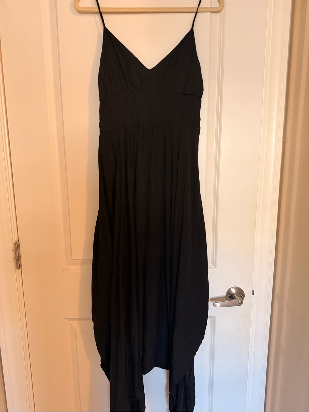 Blu Pepper Black Asymmetrical Spaghetti Strap Maxi Dress